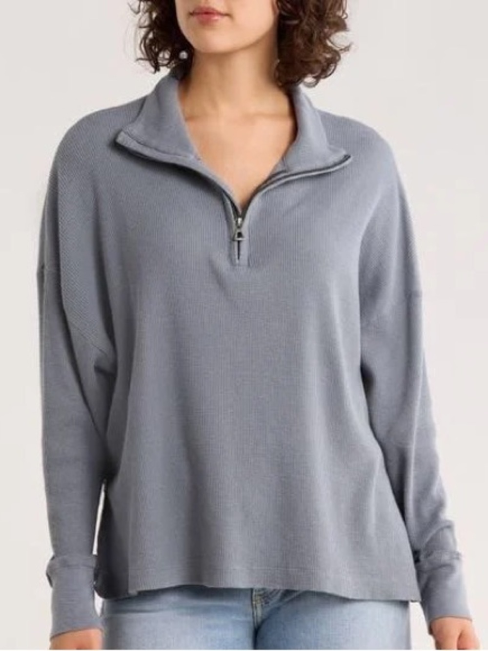 NWT James Perse Women's Waffle Knit Zip-Neck Pullover Sweater - Gray